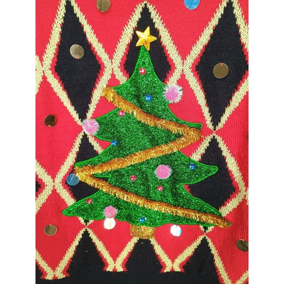 Blizzard Bay Womens Ugly Christmas Sweater Vest L Red Green Tree Sequins Gold Di - Picture 4 of 6